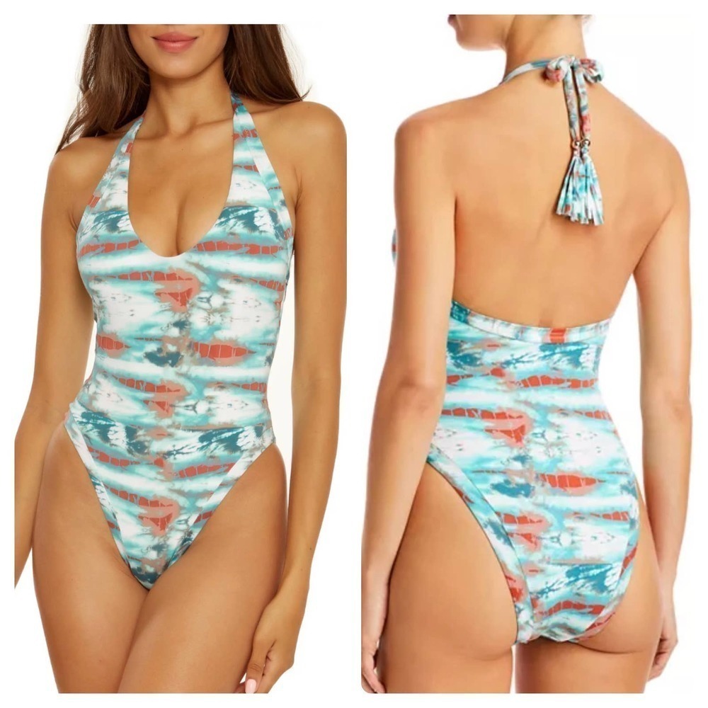 Isabella Rose Tie Dye High Leg Halter One Piece Swimsuit Large NWT